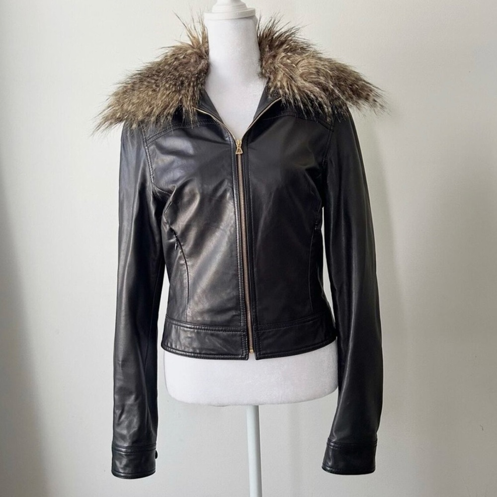 L’Agence Black Leather Jacket Size 4 detachable Faux Fur Collar